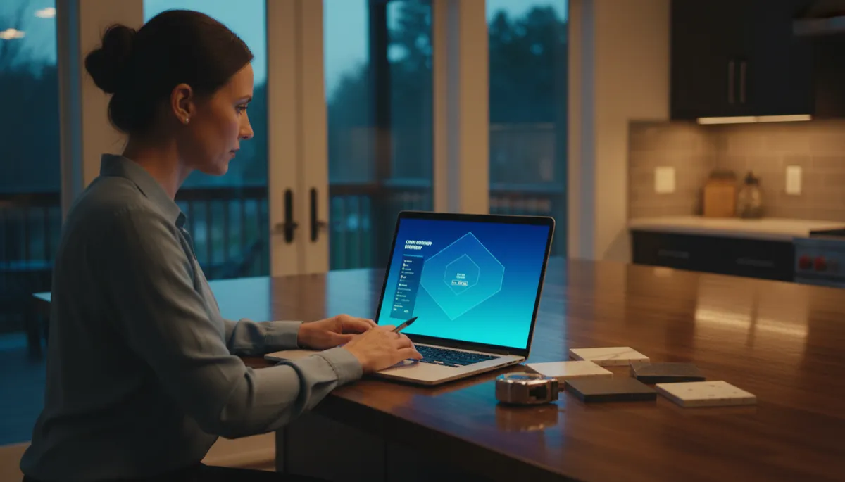 Homeowner using an online countertop pricing estimator on a laptop Homeowner using an online countertop pricing estimator on a laptop