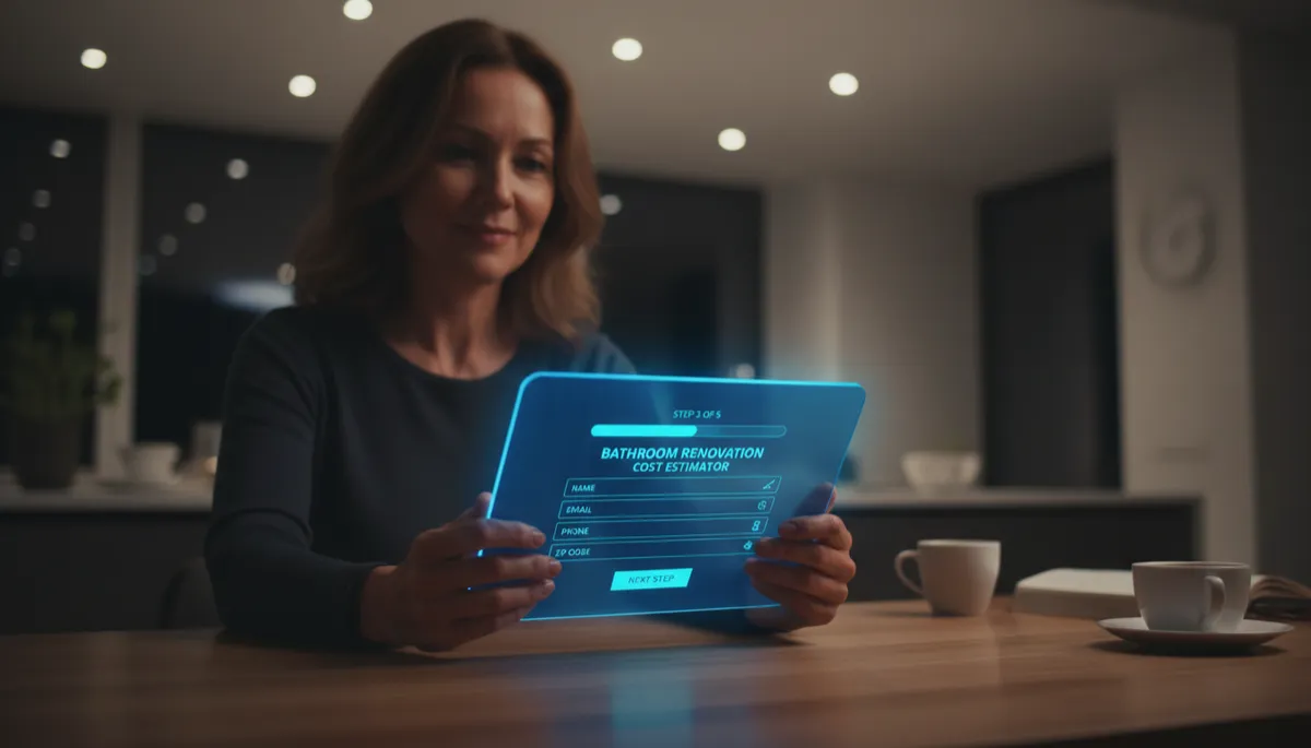 Homeowner using an online bathroom cost estimator on a tablet at night