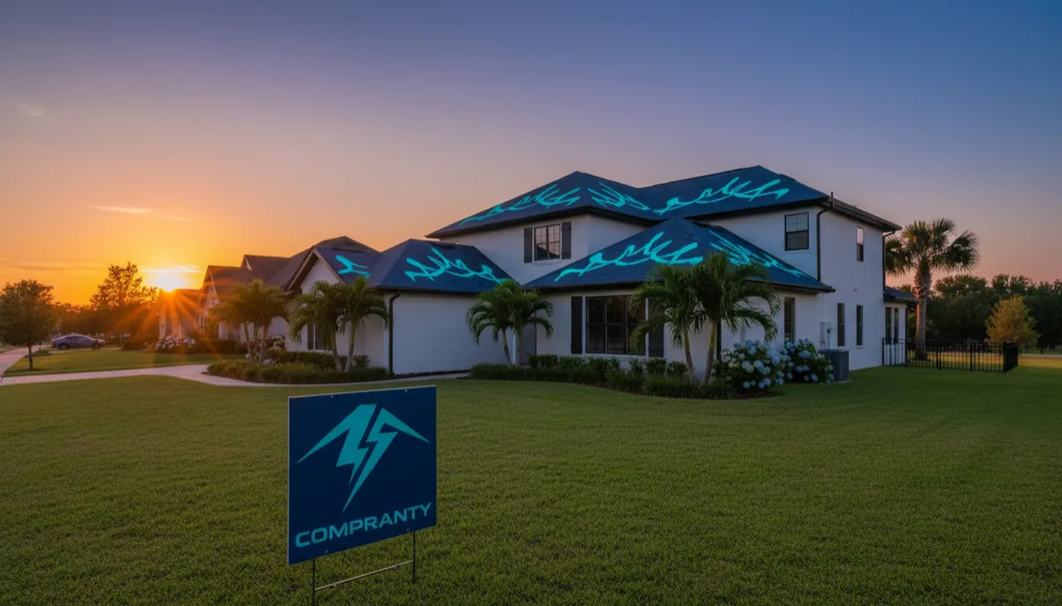Completed residential roof with contractor branding after winning an online roofing lead Completed residential roof with contractor branding after winning an online roofing lead