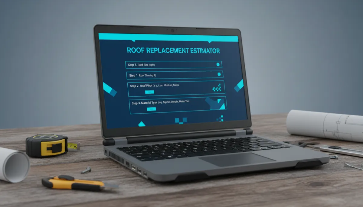 RoofQuote Pro 6-step roof replacement estimator embedded on a roofing contractor website RoofQuote Pro 6-step roof replacement estimator embedded on a roofing contractor website