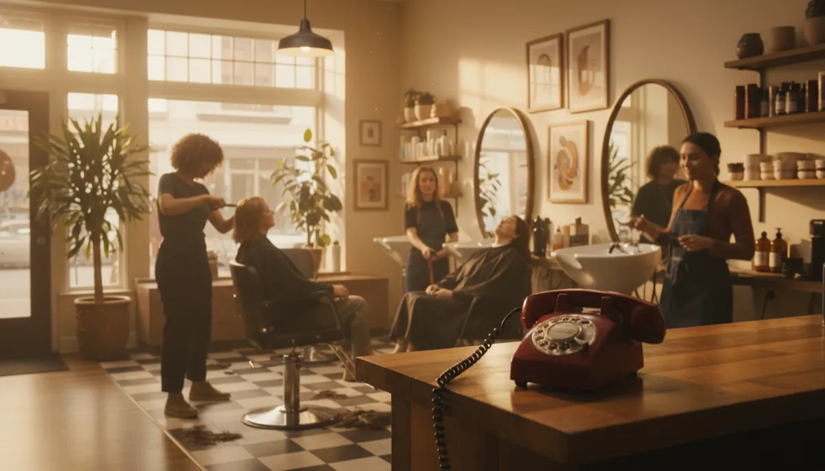 Small business owner in a warm-lit salon — a ringing phone on the counter symbolizes 24/7 AI call answering