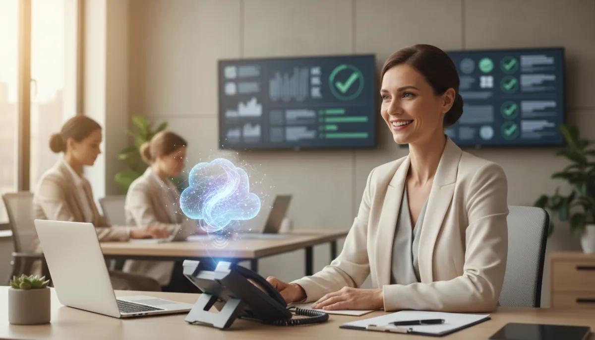 photorealistic neutral-toned small business office with a ringing desk phone, subtle holographic AI assistant overlay above the handset, business owner in work clothes smiling with relief as calls are handled automatically