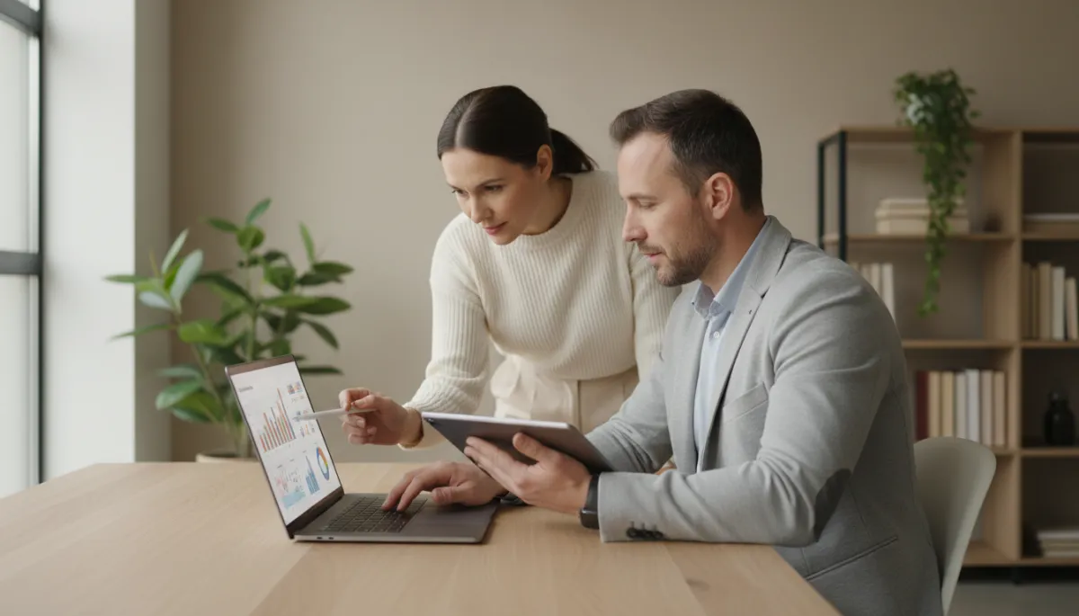 photorealistic neutral-toned office scene with a small business owner and a marketing consultant reviewing social media analytics on a laptop and tablet, soft natural light, calm professional mood