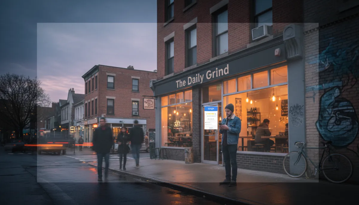 urban/street style photorealistic scene of a small business storefront on a city block at dusk, owner looking at a smartphone showing a Google Reviews screen, muted neutral colors, soft streetlights, subtle overlay text area in the sky above buildings
