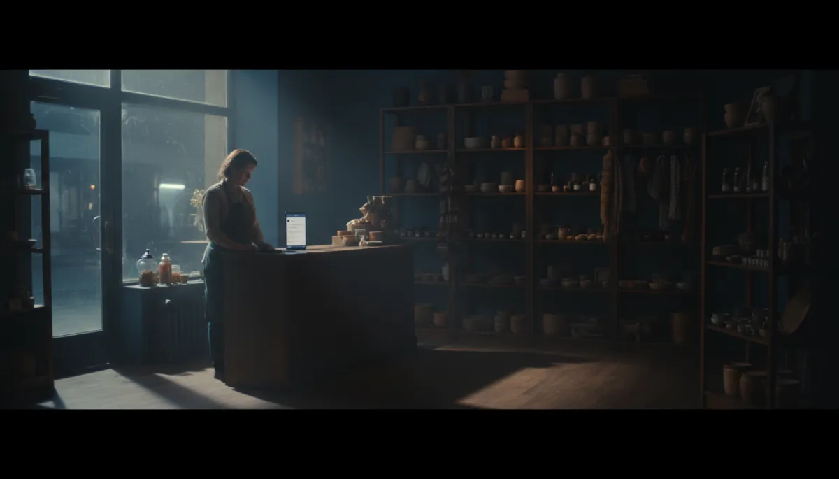 cinematic dark scene of a small business owner alone in a closed shop at night, lit by a single side light from a window, phone on the counter showing a nearly empty social media notifications screen, deep shadows, dramatic side lighting, moody and atmospheric, subtle film grain