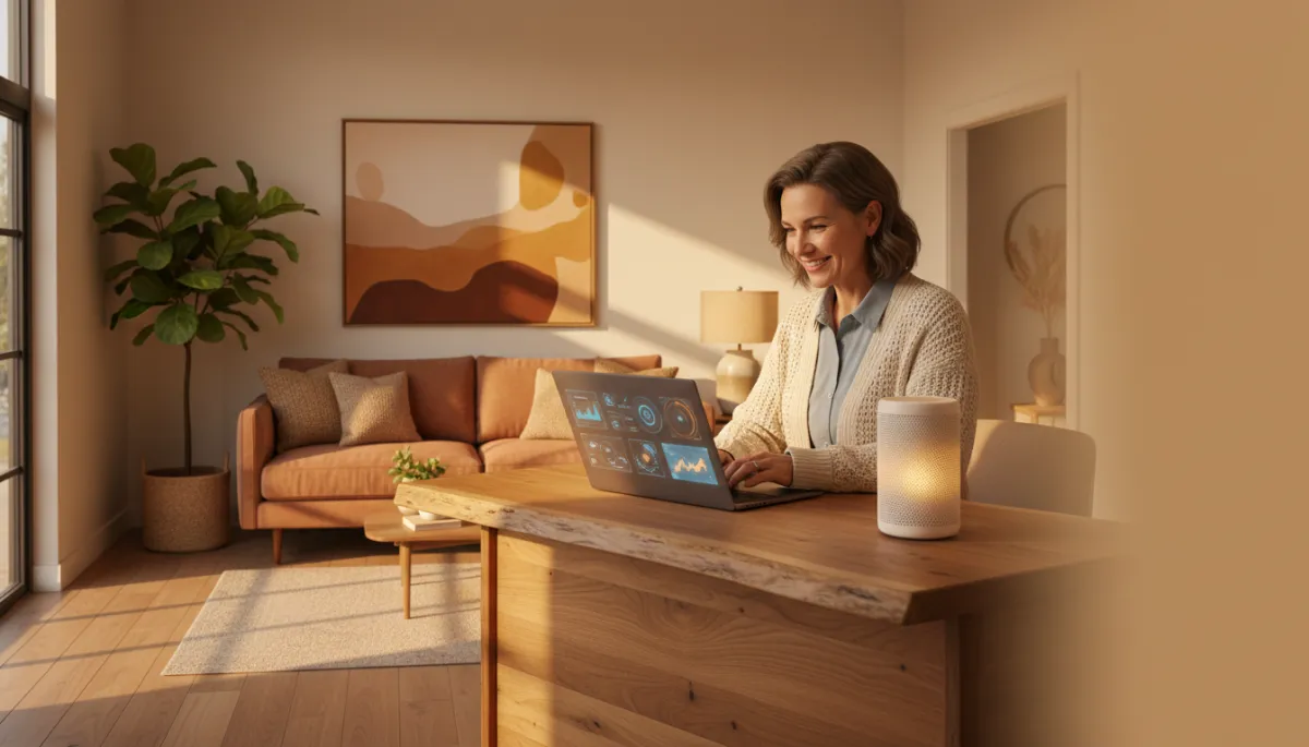 Photorealistic cozy local service office reception area at golden hour, warm trust, golden hour light, amber tones, soft shadows, earthy and approachable; a friendly small business owner reviewing an AI dashboard on a laptop while a softly glowing smart speaker sits on the counter