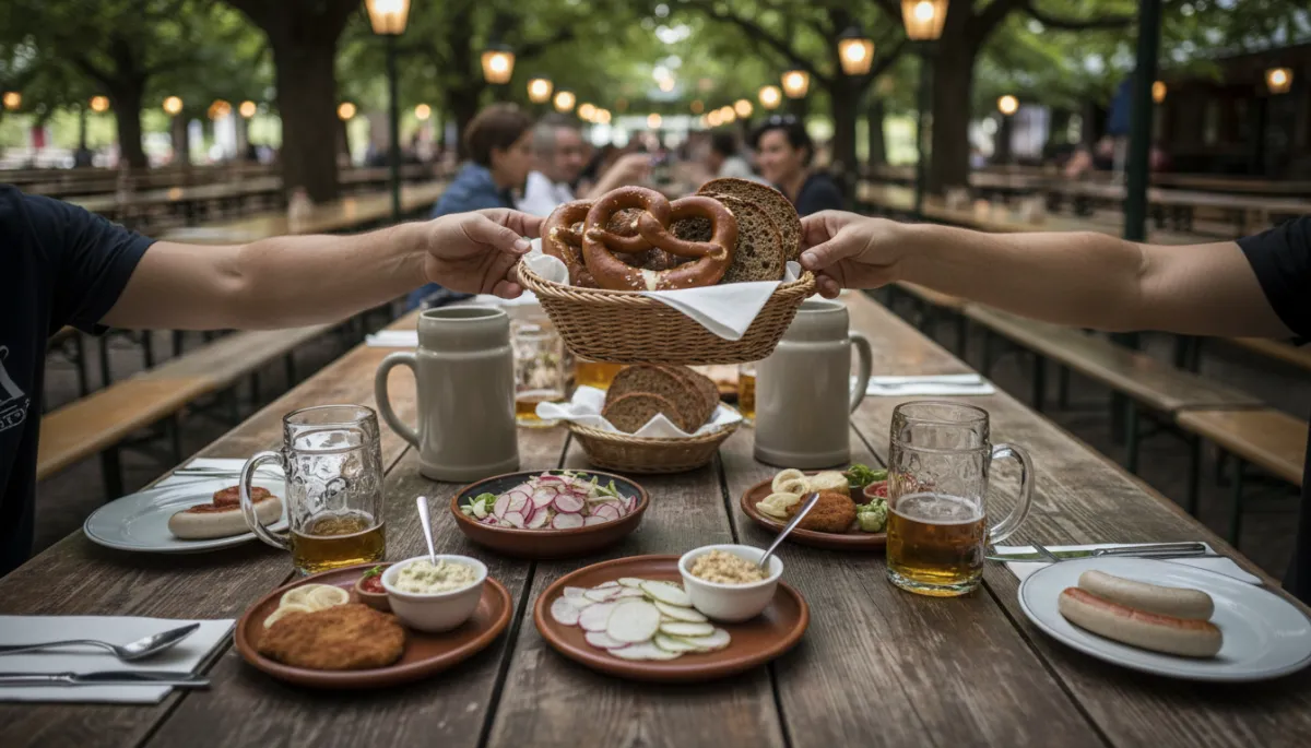 Family-style table in a Munich beer garden with shared dishes Family-style table in a Munich beer garden with shared dishes