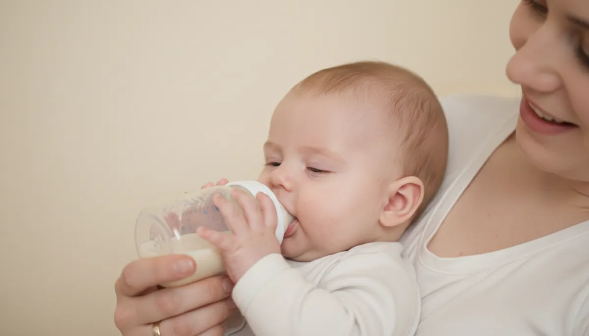 Baby holding a bottle nipple while being calmly supported by a parent Baby holding a bottle nipple while being calmly supported by a parent