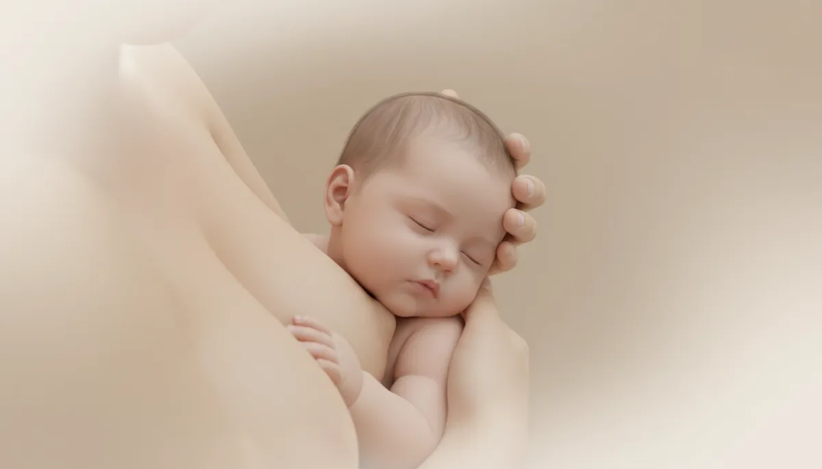 Drowsy baby calmly feeding at the breast with gentle support Drowsy baby calmly feeding at the breast with gentle support