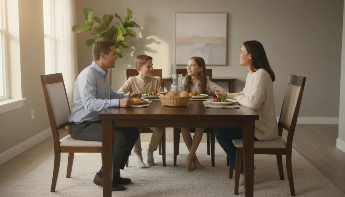 Family sharing a balanced dinner together in a neutral-toned dining room Family sharing a balanced dinner together in a neutral-toned dining room