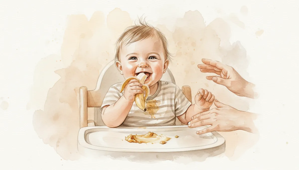 Baby in highchair exploring food with hands while parent supports nearby