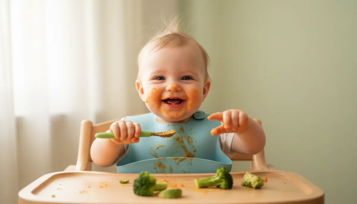 create image of a baby learning to eat solids. Context: This is for a blog post about "The First 2 Weeks of Solids: What to Expect Day by Day". Style: Professional quality, photorealistic, high resolution