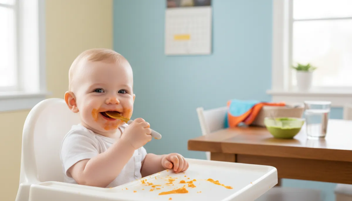 create image of a baby learning to eat solids. Context: This is for a blog post about "The First 2 Weeks of Solids: What to Expect Day by Day". Style: Professional quality, photorealistic, high resolution