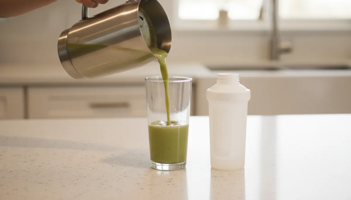 Homemade smoothie next to a sealed store-bought nutritional shake