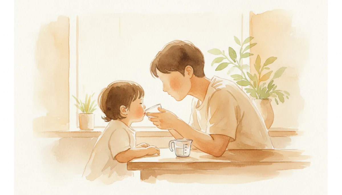 Parent encouraging a child to drink water as part of a constipation care routine Parent encouraging a child to drink water as part of a constipation care routine