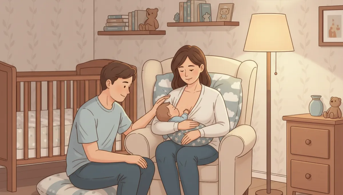 A photorealistic scene of a concerned parent sitting in a softly lit nursery, gently cradling a baby who turns their head away from the breast. The parent’s expression is calm and patient, offering comfort. Subtle details like a nursing pillow, cozy blanket, and a supportive partner nearby create a warm, empathetic atmosphere that highlights both the challenge and the caring response to a nursing strike. A photorealistic scene of a concerned parent sitting in a softly lit nursery, gently cradling a baby who turns their head away from the breast. The parent’s expression is calm and patient, offering comfort. Subtle details like a nursing pillow, cozy blanket, and a supportive partner nearby create a warm, empathetic atmosphere that highlights both the challenge and the caring response to a nursing strike.