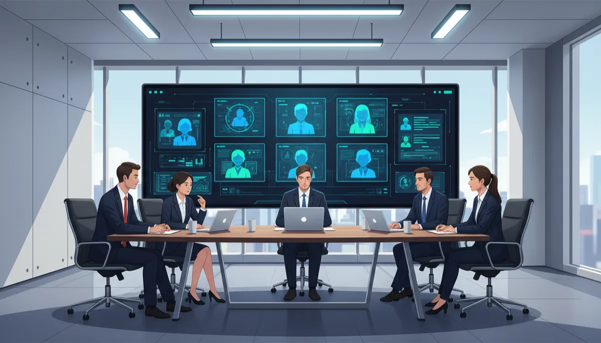 Equipo directivo reunido en una sala de juntas moderna, con un gran monitor mostrando paneles de control de IA y varios empleados digitales representados como avatares en pantalla, iluminación corporativa y ambiente profesional Equipo directivo reunido en una sala de juntas moderna, con un gran monitor mostrando paneles de control de IA y varios empleados digitales representados como avatares en pantalla, iluminación corporativa y ambiente profesional