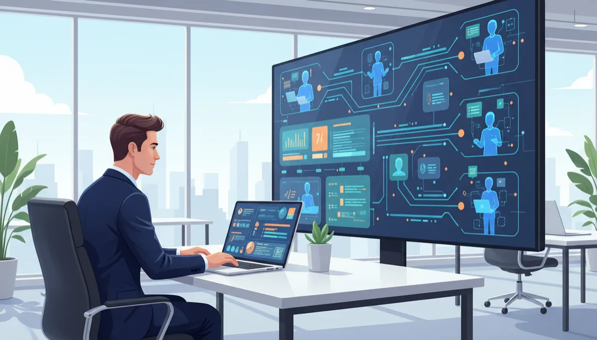 Oficina moderna con un directivo revisando un panel de control en un portátil mientras, en una pantalla adicional, se muestran flujos automatizados gestionados por empleados digitales, ambiente luminoso y profesional Oficina moderna con un directivo revisando un panel de control en un portátil mientras, en una pantalla adicional, se muestran flujos automatizados gestionados por empleados digitales, ambiente luminoso y profesional