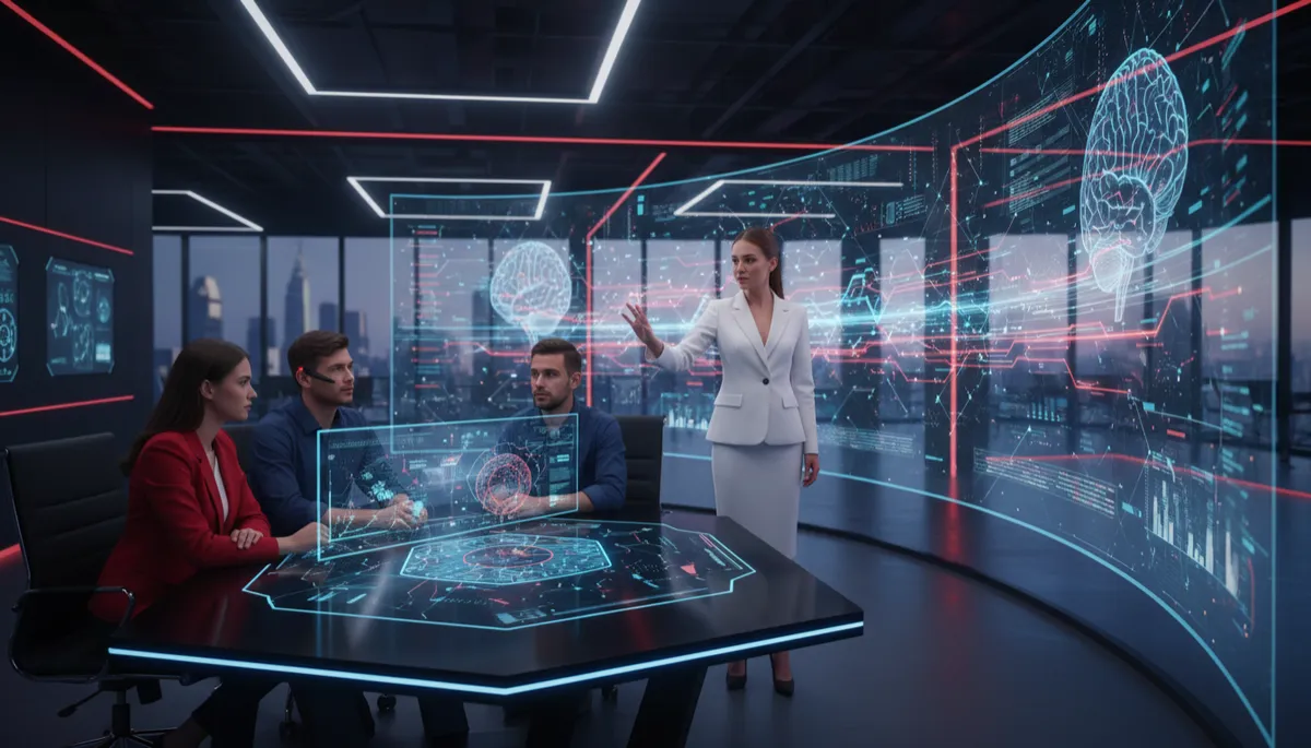 escena fotorrealista futurista épica e impactante de un rascacielos inteligente al anochecer, con fachadas de vidrio mostrando flujos de datos luminosos, directivos observando un horizonte urbano lleno de edificios conectados por haces de luz neutra, sensación de poder, calma y precisión tecnológica