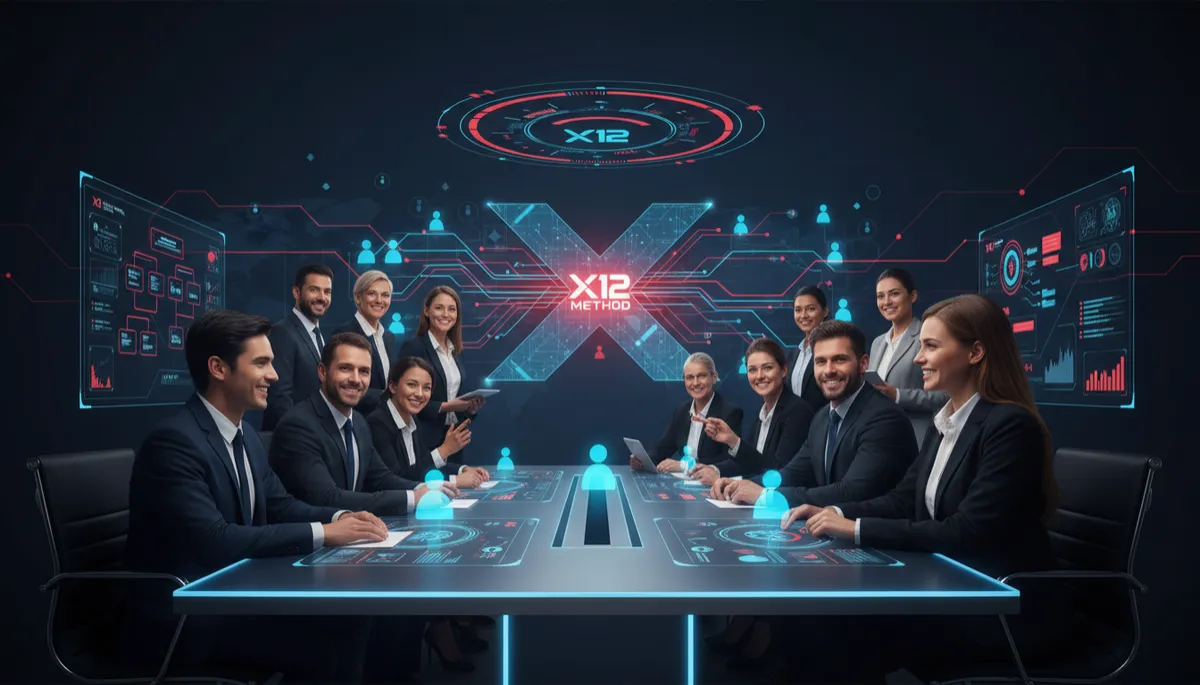 oficina corporativa fotorrealista futurista en tonos neutros, con pantallas holográficas mostrando flujos de onboarding, un manager observando un panel de IA y avatares digitales guiando a nuevos empleados en estaciones de trabajo, iluminación suave y ambiente profesional