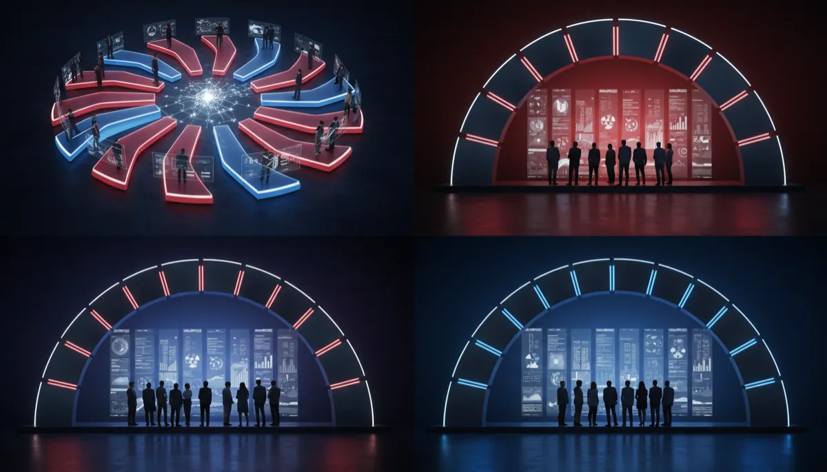oficina corporativa futurista fotorrealista con un directivo y una directiva observando un gran panel holográfico de datos de inteligencia artificial, gráficos en 3D, luces azules y moradas, ciudad futurista al fondo de noche