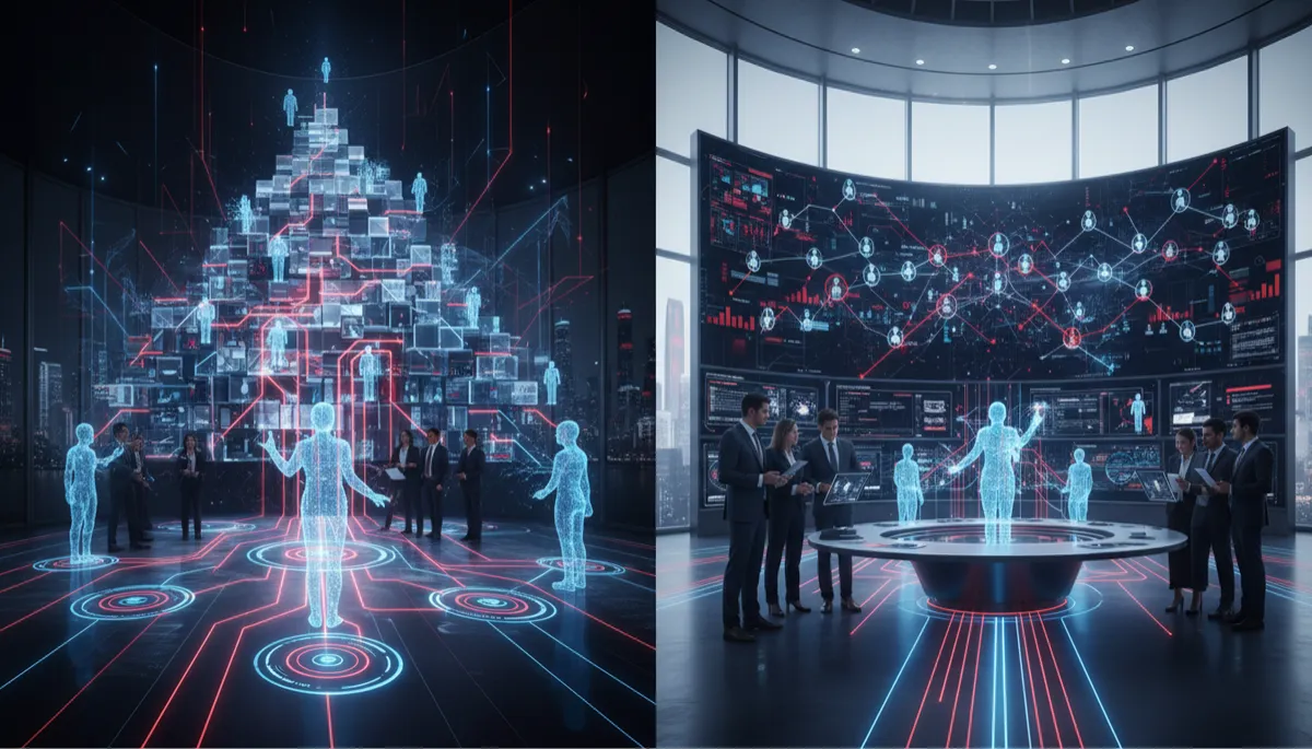 complex network of AI agents with dynamic decision flows, electric blue and amber energy, dark background, 16:9, single orchestrator node at the center coordinating multiple agents in motion
