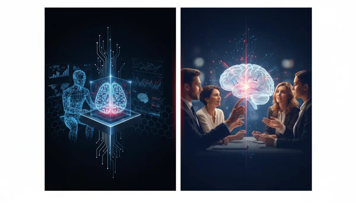 escena profesional futurista en tonos azul eléctrico y blanco, a la izquierda un chatbot genérico flotando con iconos dispersos, a la derecha un Neuroteacher humano dirigiendo varios agentes de IA alineados como un equipo de trabajo digital, estilo profesional futurista