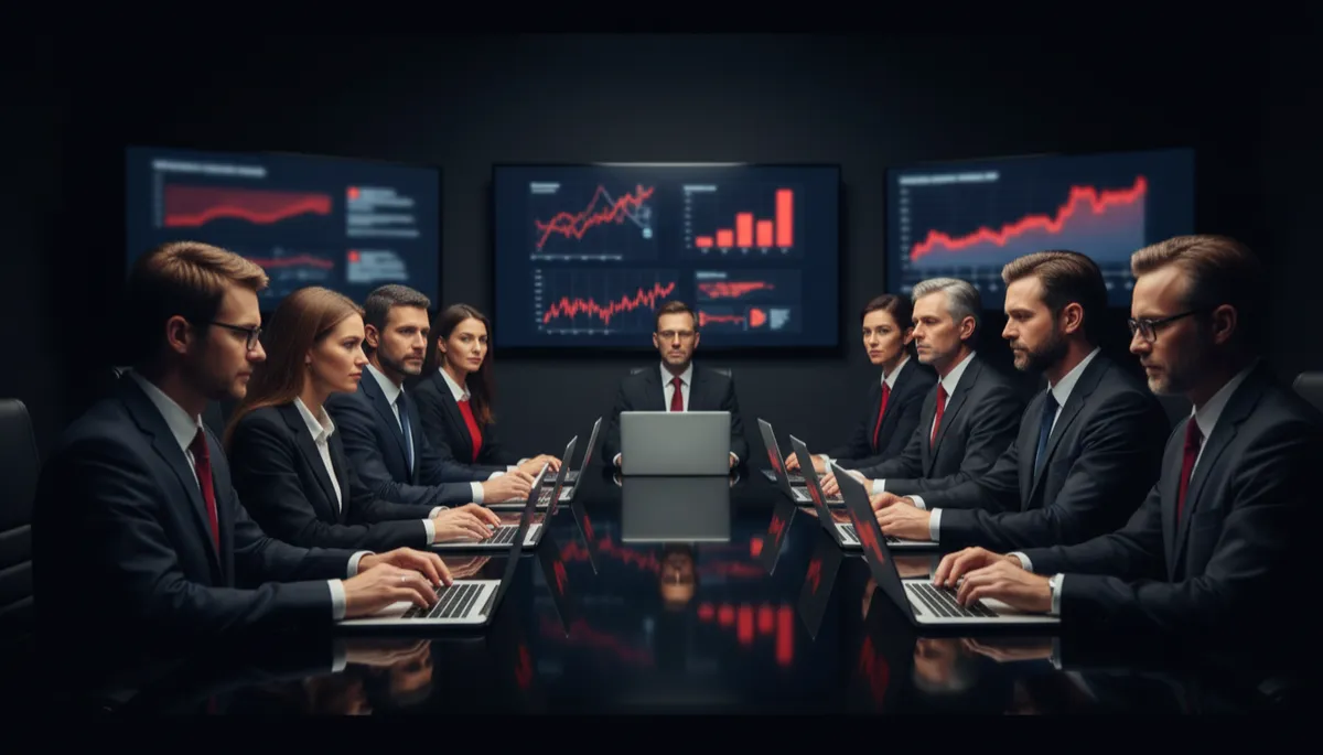 equipo directivo de diferentes sectores reunido alrededor de una mesa de reuniones con portátiles y pantallas mostrando gráficos desenfocados sin texto, ambiente corporativo formal con colores negro #00061d rojo #d81f31 azul #2b2e4d y blanco #ffffff, estilo fotorrealista fotografía corporativa real sin futurismo equipo directivo de diferentes sectores reunido alrededor de una mesa de reuniones con portátiles y pantallas mostrando gráficos desenfocados sin texto, ambiente corporativo formal con colores negro #00061d rojo #d81f31 azul #2b2e4d y blanco #ffffff, estilo fotorrealista fotografía corporativa real sin futurismo