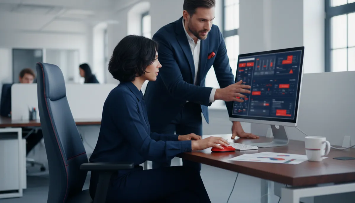 Profesionales revisando métricas en un monitor en una oficina abierta moderna