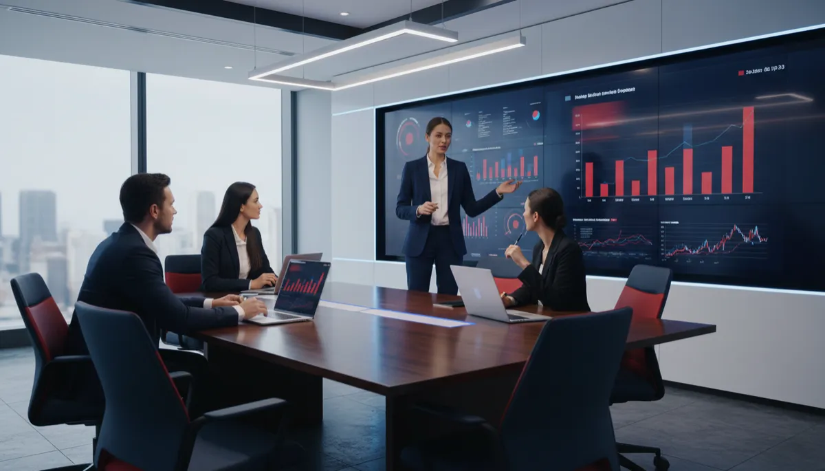 Equipo directivo analizando datos y estrategias con ordenadores portátiles en una sala de reuniones moderna
