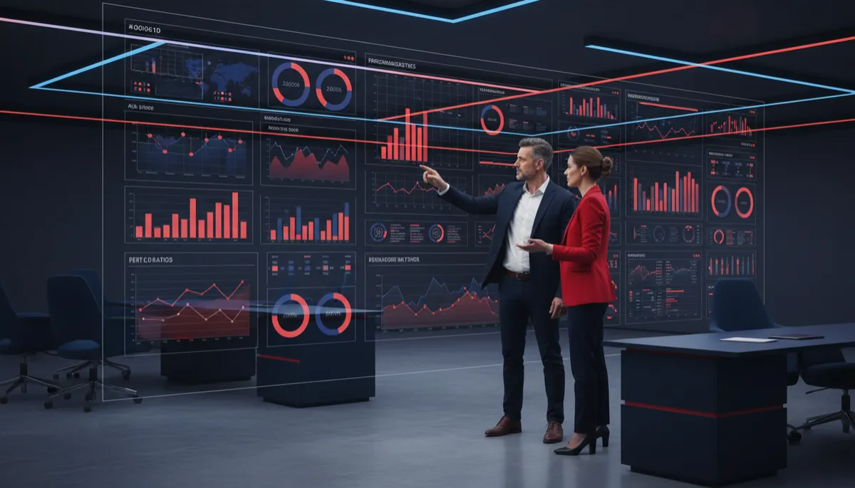 Dos profesionales analizando un dashboard de métricas en una sala de trabajo moderna