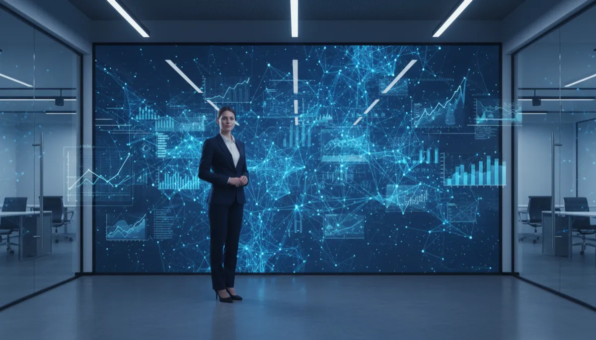 escena tecnológico corporativo fotorealista, profesional de negocios de pie frente a una gran pared digital con red neuronal azul eléctrico y navy, gráficos de datos flotando, ambiente moderno de oficina con cristal y luces frías, composición cinematográfica 16:9