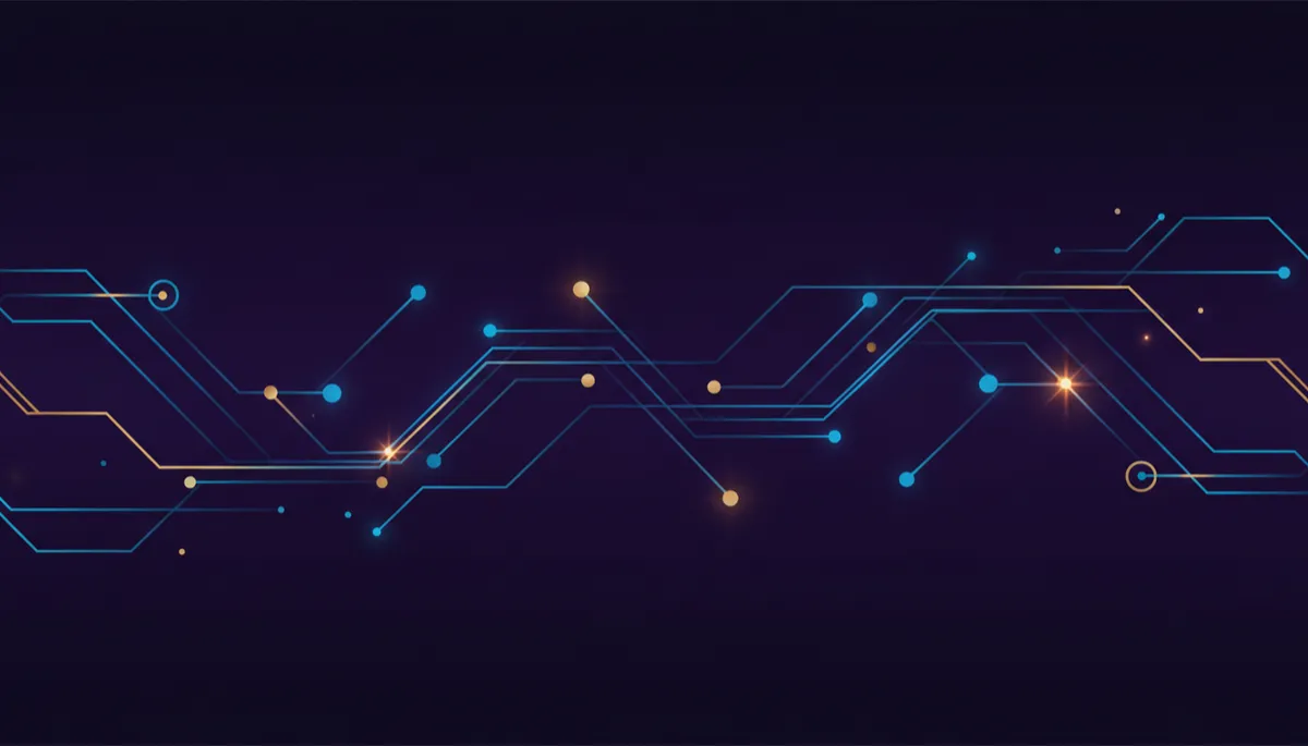 ilustración tecnológico corporativo de nodos interconectados sobre fondo índigo oscuro, con destellos azul eléctrico y dorado que forman una red neuronal empresarial, estilo minimalista premium, formato 16:9
