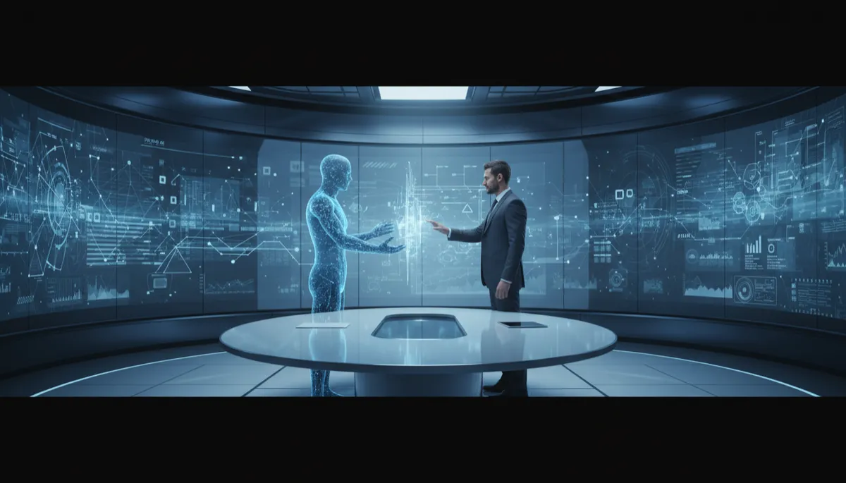 escena tecnológico corporativa, directivo humano y avatar digital semitransparente frente a frente en una sala de reuniones futurista, grandes pantallas con gráficos de datos en tonos azul frío y blanco, composición 16:9, estilo tecnológico corporativa