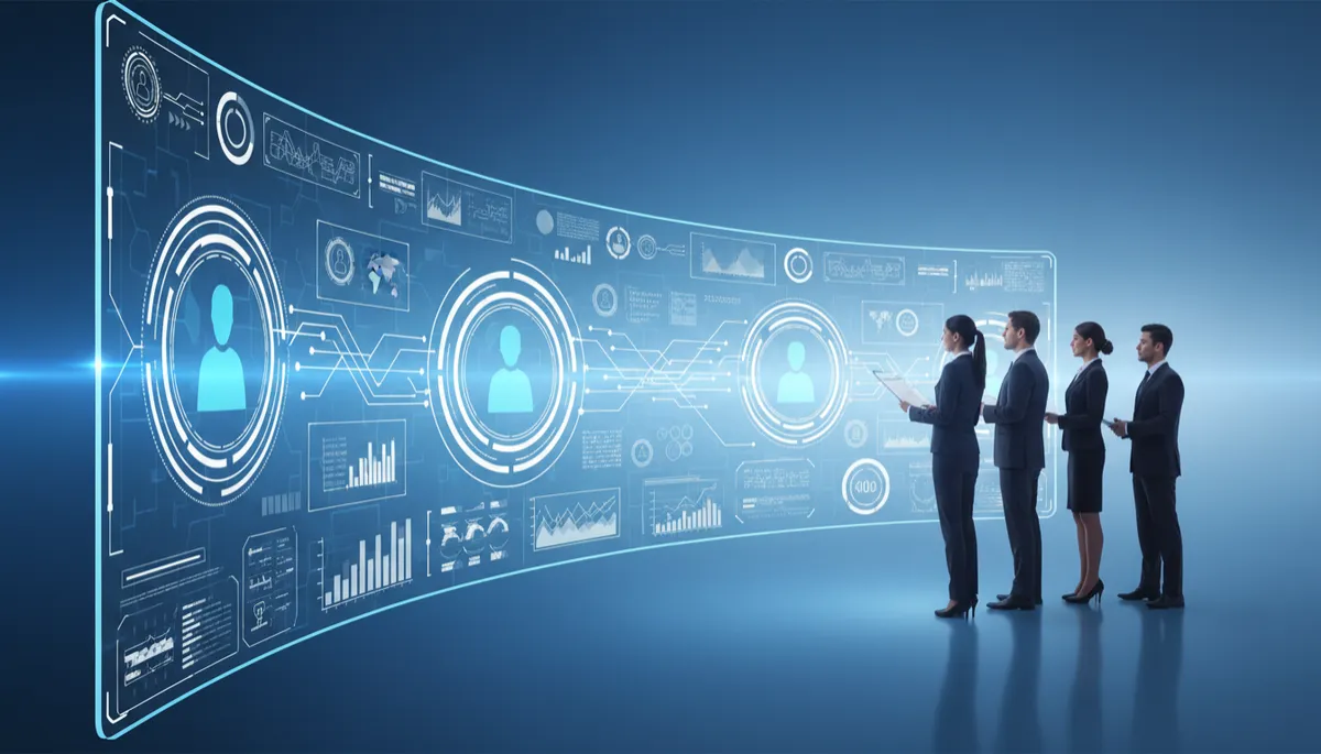 equipo directivo observando un panel digital futurista en tonos azul eléctrico y blanco de alto contraste, con iconos de empleados digitales y flujos de trabajo automatizados, estilo profesional