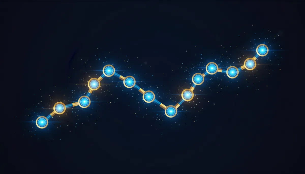 representación visual de una metodología en 12 pasos como un camino luminoso de nodos conectados, fondo navy oscuro profundo, destellos dorado y azul eléctrico, estilo corporativo moderno 16:9, composición limpia y elegante