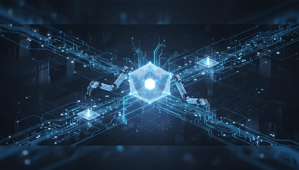 isometric geometric AI entity making decisions in data network, luminous polyhedral core, dark corporate background with electric blue and white data flows, 16:9 perspective