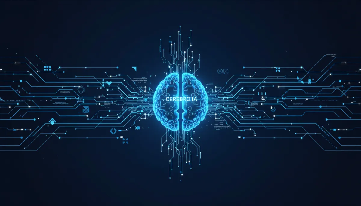 cerebro IA luminoso en tonos azul eléctrico orquestando múltiples flujos de trabajo conectados como circuitos, fondo navy profundo, estilo 3D illustration corporate, 16:9, sensación de precisión y control