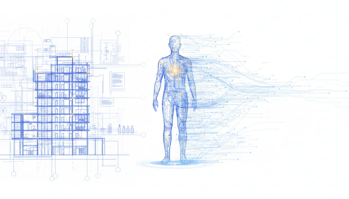 technical architectural blueprints transforming into a glowing digital employee entity, clean white background with electric blue lines and subtle golden accents, high-detail 16:9 composition, style precision and technical excellence