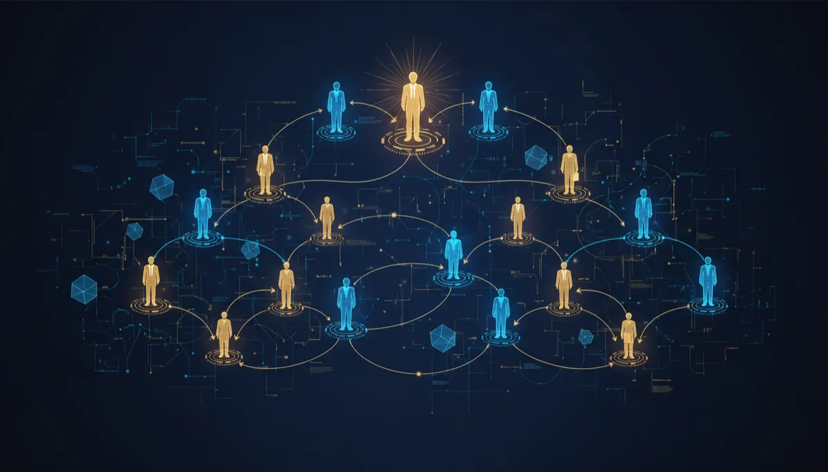 modern corporate org chart with human and glowing digital figures interwoven, deep navy background with golden and electric blue network nodes, clean 16:9 composition, sense of harmonious and efficient organization