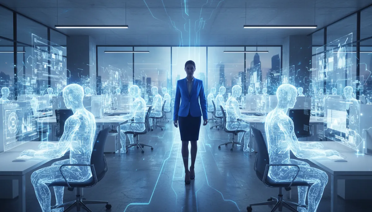 single professional surrounded by multiple glowing digital employees working in parallel in a large open office, photorealistic, electric blue and white color palette, dynamic energy, 16:9