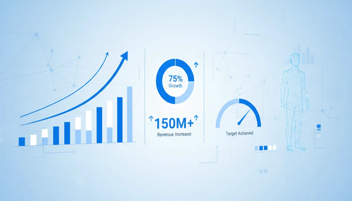 dashboard de caso de estudio con métricas de crecimiento ascendentes, gráficos en azul eléctrico y blanco en pantalla panorámica, figura sutil de empleado digital tipo asistente virtual al fondo, estilo corporativo profesional limpio, 16:9