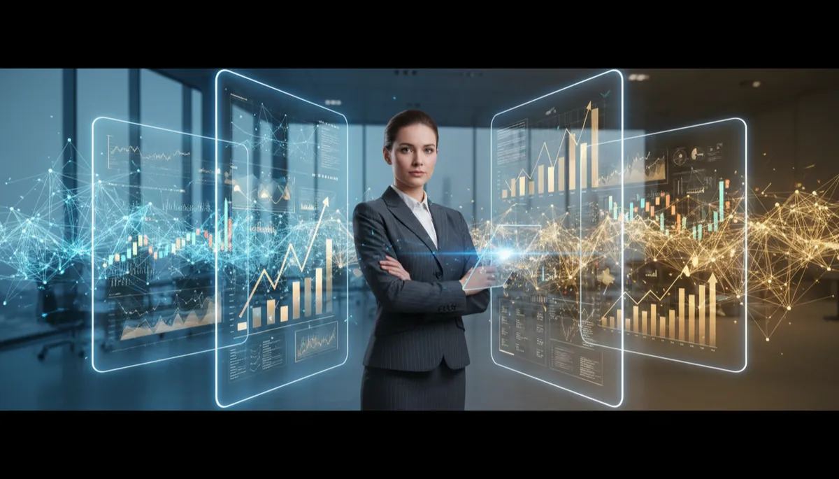 confident professional at intersection of business strategy and digital intelligence, standing in a modern office with transparent screens showing neural networks and business charts, surrounded by flowing connections of knowledge in electric blue and warm gold tones, photorealistic, 16:9