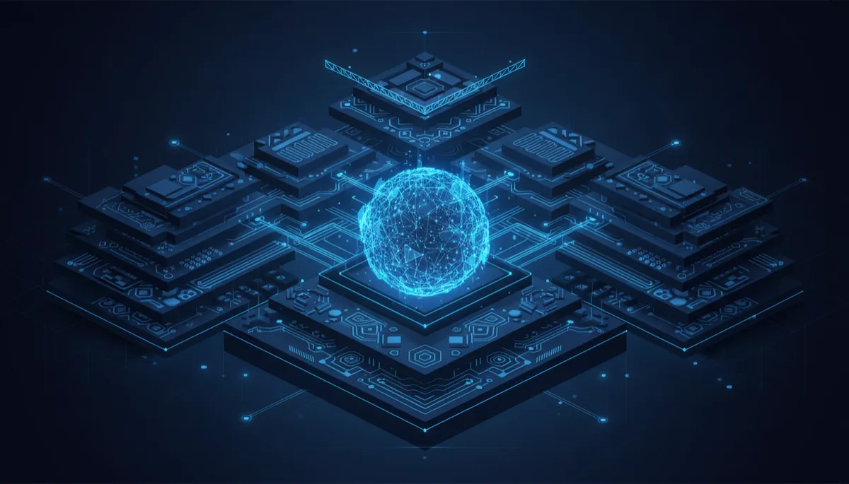 layered knowledge architecture being built to feed AI entity, clean geometric design in navy and electric blue, multiple horizontal layers of business information stacking upwards into a central luminous AI core, 16:9 composition, minimalistic lines and precise geometry