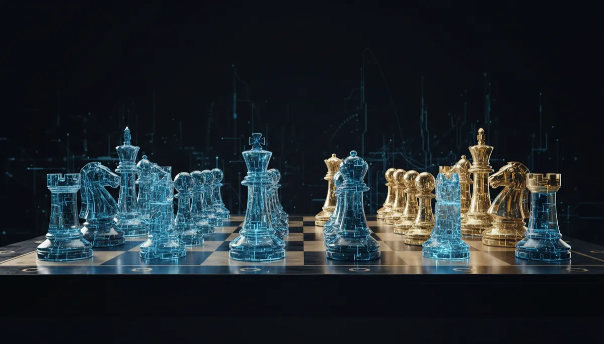 photorealistic executive chess board with glowing AI pieces dominating the board strategically, dark sophisticated background in black and deep navy, gold and electric blue highlights on key pieces, sense of authority, control and long-term strategy, 16:9 panoramic composition