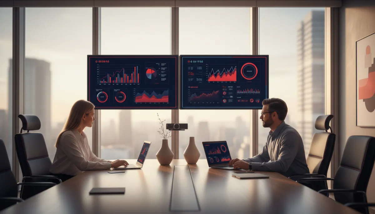 Fotografía fotorrealista de alta resolución de una reunión de trabajo en una oficina corporativa moderna. Tres o cuatro profesionales adultos de diferentes géneros y edades sentados alrededor de una mesa de conferencias, observando y comentando datos en pantallas grandes y portátiles. Ambiente de trabajo colaborativo y concentrado, con iluminación natural y cálida entrando por ventanales. Colores corporativos #00061d, #d81f31, #2b2e4d y #ffffff presentes como acentos en sillas, mesa, marcos de pantalla y elementos decorativos. Sin texto, letras, números ni caracteres visibles en ninguna parte de la escena. Sin robots, sin hologramas ni elementos futuristas, solo un entorno empresarial realista.