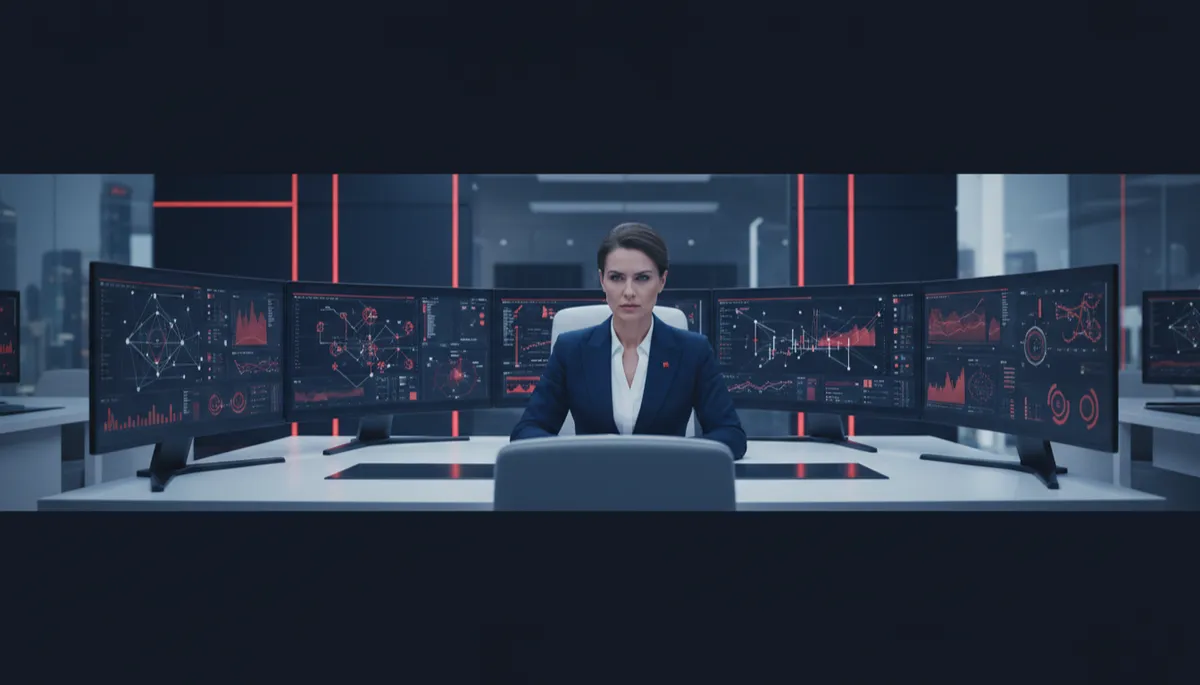 Imagen fotorrealista de una mujer profesional de 35-40 años con aspecto directivo y seguro, sentada frente a múltiples pantallas en una oficina corporativa moderna y luminosa; en los monitores se ven dashboards complejos y gráficos de datos desenfocados, ella observa con expresión concentrada y de control; ambiente de trabajo de alto nivel, con acentos en los colores corporativos #00061d, #d81f31, #2b2e4d y #ffffff en mobiliario, paredes e iluminación, sin ningún texto ni letras visibles