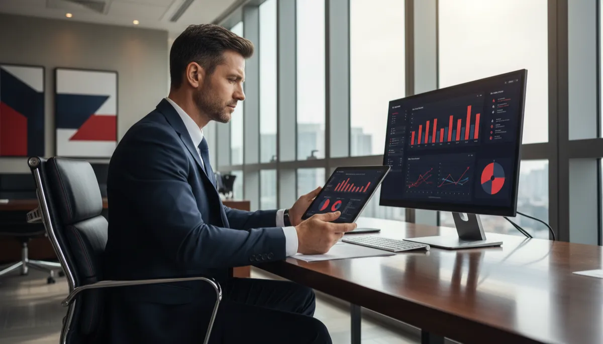 Fotografía fotorrealista de un directivo masculino de unos 40-45 años, en traje de negocios oscuro, sentado en una oficina ejecutiva moderna con ventanales. Está revisando gráficas y datos financieros en una tablet y en un monitor amplio sobre la mesa. Expresión seria y analítica, en plena toma de decisiones. Luz natural entrando lateralmente, reflejándose en superficies elegantes. Colores corporativos #00061d, #d81f31 y #2b2e4d presentes como acentos en la silla, elementos decorativos y la interfaz de los gráficos. Sin texto visible en pantallas, sin robots ni elementos futuristas.