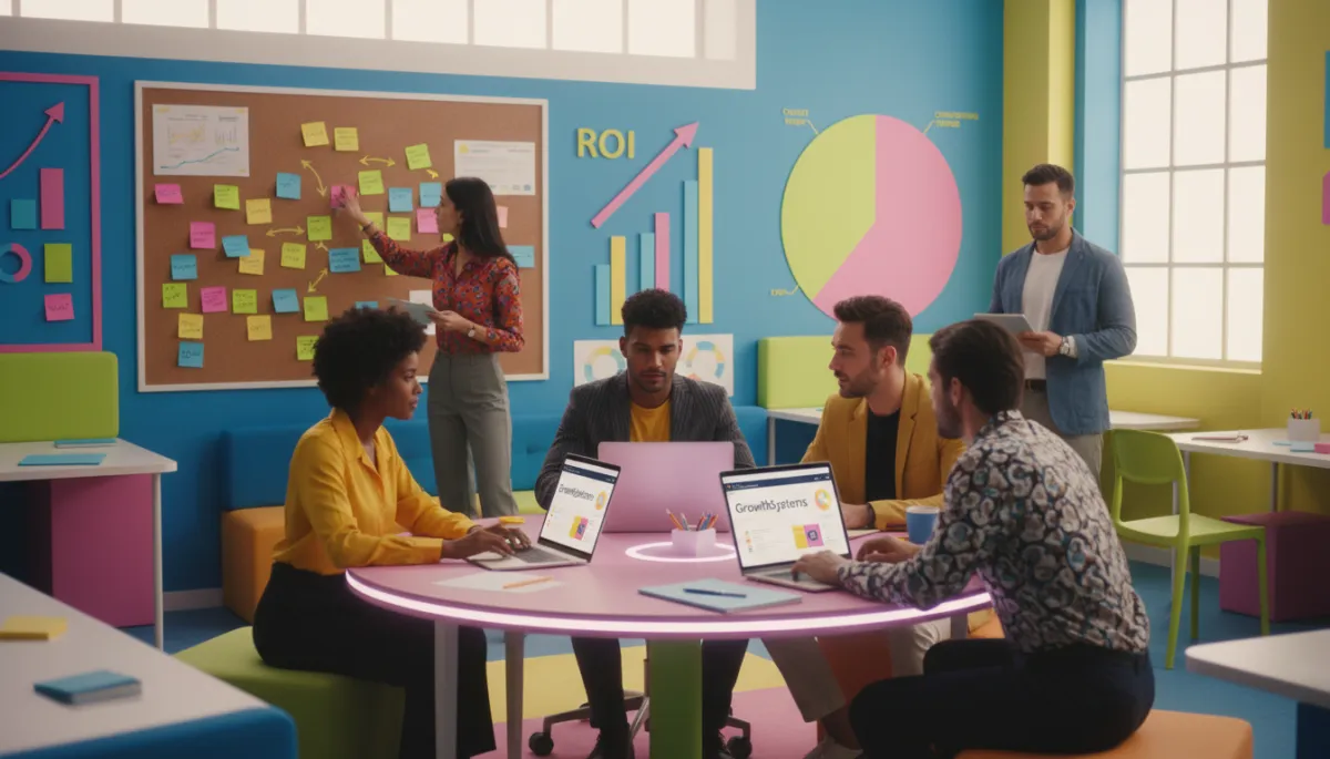 Marketingbureau-team dat samenwerkt met GrowthSystems dashboards op laptops