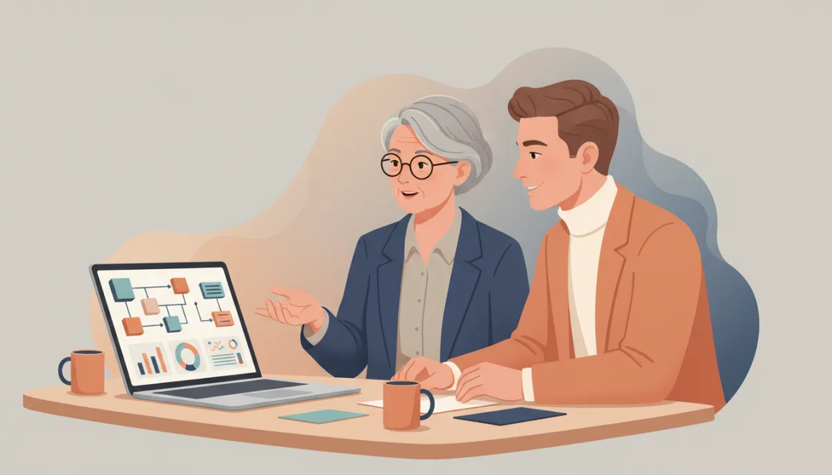 Senior engineer and business leader collaborating on IT strategy over a laptop